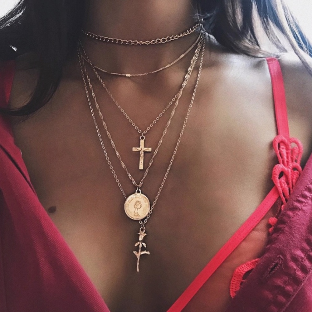 Rose, Coin, and Cross Layered Gold Necklace - Picture 3 of 8